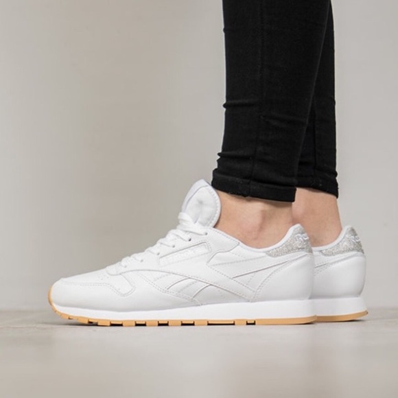 Reebok Shoes - Reebok white leather silver glitter sneakers